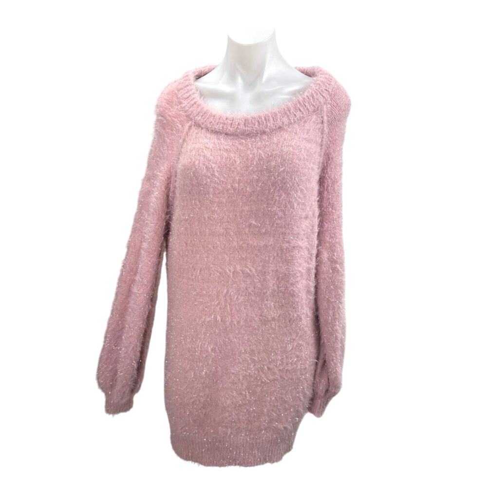 Easel Pink Metallic Knit Pullover Long Sleeve Boat Neck Mini Sweater Dress Sz S